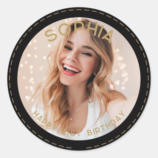 Aangepaste Foto Zwart Goud Moderne 21e Verjaardag Ronde Sticker (Voorkant)