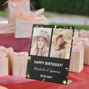 Aangepaste foto zwart goud sterren 2 personen verj reclamebord met voetstuk