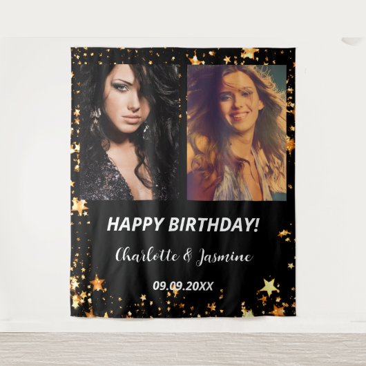 Aangepaste foto zwart gouden sterren vrienden verj wandkleed (Voorkant)