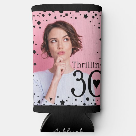 Aangepaste foto Zwart Roze Confetti 30th Verjaarda Seltzer Blikjeskoeler (Voorkant)