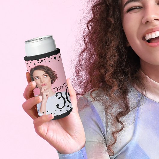 Aangepaste foto Zwart Roze Confetti 30th Verjaarda Seltzer Blikjeskoeler