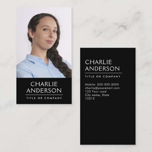 Aangepaste foto zwart verticaal modern minimalisti visitekaartje (Voorkant / Achterkant)