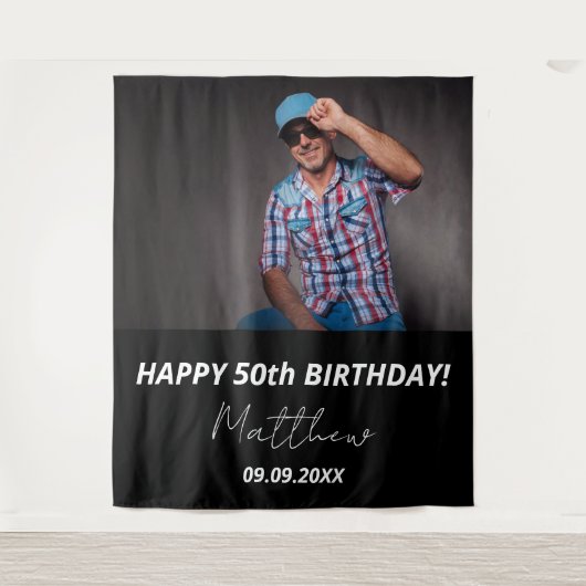 Aangepaste foto zwart wit man 50e verjaardag wandkleed (Voorkant)