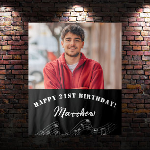 Aangepaste foto zwart wit muzieknoten man birthday wandkleed