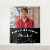 Aangepaste foto zwart wit muzieknoten man birthday wandkleed (Voorkant)