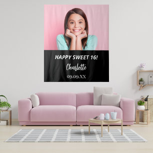 Aangepaste foto zwart wit Sweet 16 party welkom Wandkleed