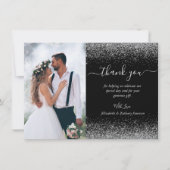 Aangepaste Foto Zwart Zilveren Glitter Huwelijk Bedankkaart (Voorkant)