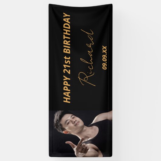 Aangepaste foto zwarte gouden moderne man spandoek (Verticaal)