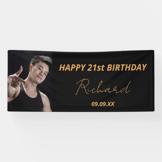 Aangepaste foto zwarte gouden moderne man spandoek (Horizontaal)