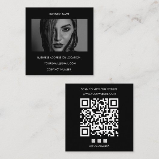 Aangepaste foto zwarte QR-code website sociale med Vierkante Visitekaartje (Voorkant / Achterkant)