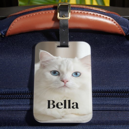 Aangepaste fotobagagelabel met witte kat met blauw bagagelabel (Voorkant Insitu 2)