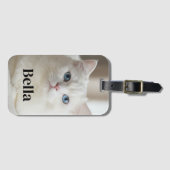 Aangepaste fotobagagelabel met witte kat met blauw bagagelabel (Voorkant (horizontaal))