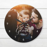 Aangepaste fotobedekking voor de familie grote klok<br><div class="desc">Creëer een speciale van een soort ronde of vierkante muurklok. Het gepersonaliseerde klokontwerp kenmerkt uw familienaam in eenvoudige moderne doopvonten die op uw volledige aftapfamiliefoto worden overschreven. Gebruik de ontwerphulpmiddelen om meer foto's en tekst toe te voegen, en om het even welke doopvonten en kleuren te kiezen om uw eigen...</div>