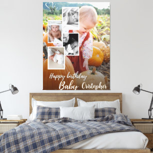 Aangepaste Fotocollage Baby Verjaardagsnaam Canvas Afdruk