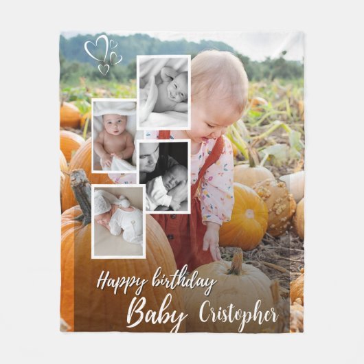 Aangepaste Fotocollage Baby Verjaardagsnaam Fleece Deken (Voorkant)