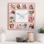 Aangepaste fotocollage Besties Blush Pink Glitter Vierkante Klok<br><div class="desc">Maak deze trendy elegante witte en wazige roze faux glitter foto collage wandklok uniek met 12 van uw favoriete foto's met uw beste vriend(in). Het ontwerp kenmerkt ook modern handgeschreven manuscript "Besties",  uw namen en de datum u ontmoette.</div>