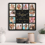 Aangepaste fotocollage Besties Gold Black Vierkante Klok<br><div class="desc">Maak van deze trendy elegante zwarte en gouden foto collage wandklok uniek met twaalf van uw favoriete foto's met uw beste vriend(in). Het ontwerp kenmerkt ook modern handgeschreven manuscript "Besties"en uw namen.</div>