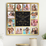 Aangepaste fotocollage Besties Gold Black Vierkante Klok<br><div class="desc">Maak van deze trendy elegante zwarte en gouden foto collage wandklok uniek met twaalf van uw favoriete foto's met uw beste vriend(in). Het ontwerp kenmerkt ook modern handgeschreven manuscript "Besties",  uw namen en de datum u ontmoette.</div>