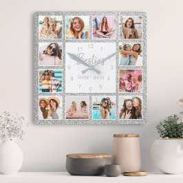 Aangepaste fotocollage Besties Silver Glitter Vierkante Klok