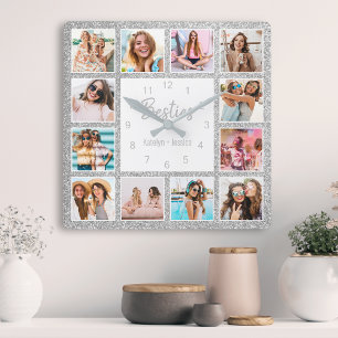 Aangepaste fotocollage Besties Silver Glitter Vierkante Klok
