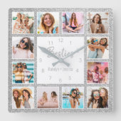 Aangepaste fotocollage Besties Silver Glitter Vierkante Klok (Voorkant)