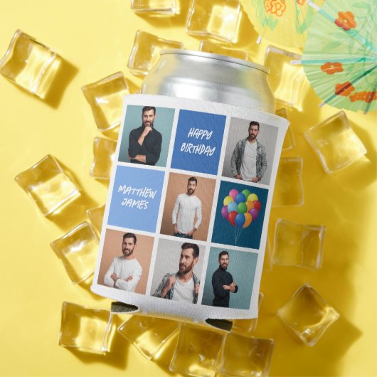 Aangepaste fotocollage blauw verjaardagsfeestje blikjeskoeler (Insitu Zomer)