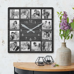 Aangepaste fotocollage Elegant Black Wood Family Vierkante Klok<br><div class="desc">Pas deze zwarte houten plank elegante wandklok eenvoudig aan met uw aangepaste foto's. De sjabloon gebruikt een zwarte en witte fotofilter om een meer gecoördineerde blik te creëer.Voor beste resultaten,  bewaar de afbeeldingen aan vierkant - met het nadrukpunt in het centrum - alvorens te uploaden.</div>