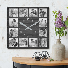 Aangepaste fotocollage Elegant Black Wood Family Vierkante Klok