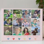 Aangepaste fotocollage familienaam kleurrijke hart imitatie canvas print<br><div class="desc">Happy family script naam keepsake cadeau met 12 aangepaste vierkante foto collage en kleurrijke harten verspreid over een pastel roze blush (veranderlijke) achtergrond.             Upload uw foto's en personaliseer de tekst!</div>