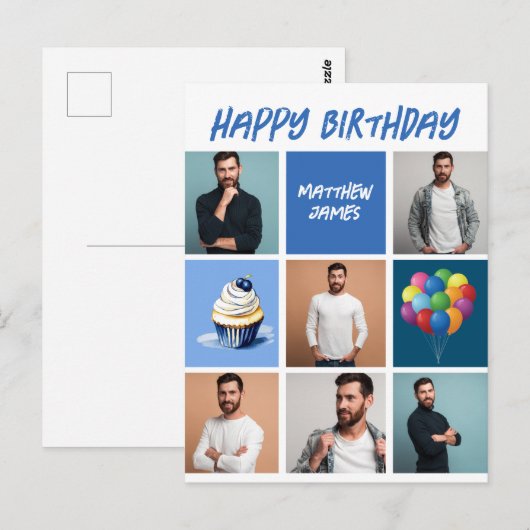 Aangepaste fotocollage gepersonaliseerde blauwe ve briefkaart (Voorkant / Achterkant)