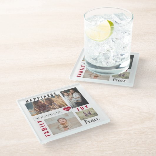 Aangepaste fotocollage Love Joy Family Glazen Onderzetter (Schuin)