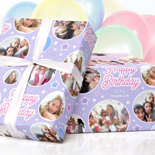 Aangepaste Fotocollage Meisjes Verjaardag Pastel P Cadeaupapier