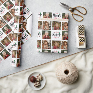 Aangepaste Fotocollage "Merry" Kerstverpakking Pa Cadeaupapier