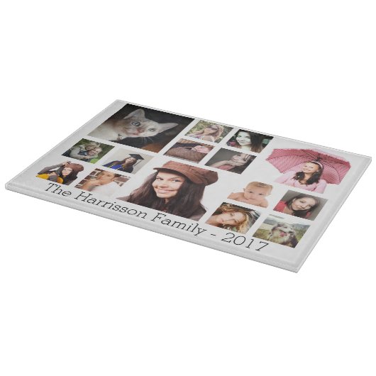 Aangepaste fotocollage met familienaam snijplank (Hoek)