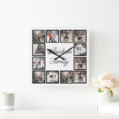 Aangepaste fotocollage met familienaam vierkante klok (Huis)