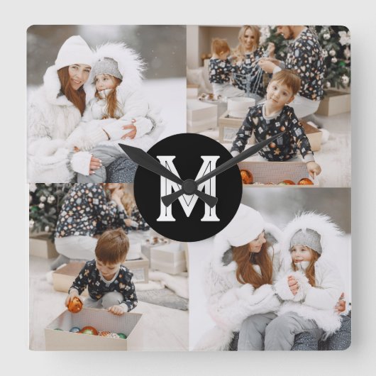 Aangepaste fotocollage met monogram vierkante klok (Voorkant)