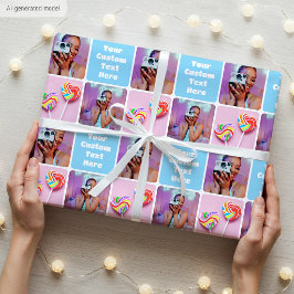 Aangepaste Fotocollage Modern Retro Blauw Patroon Cadeaupapier