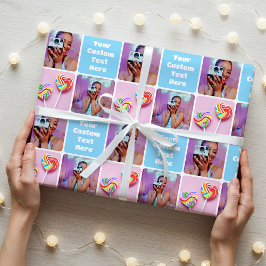 Aangepaste Fotocollage Modern Retro Blauw Patroon Cadeaupapier