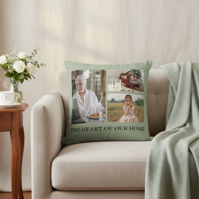 Aangepaste Fotocollage Moederdag | Saliegroen Kussen (Elegant Custom Photo Collage Mother's Day Keepsake Cool Sage Green Pillow)