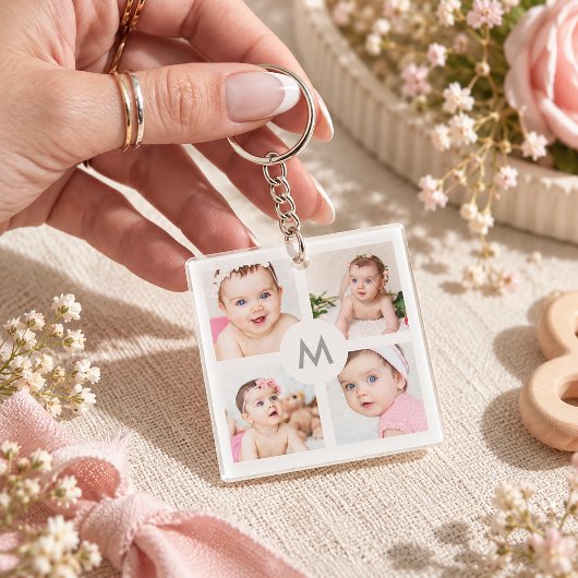Aangepaste Fotocollage Monogram Wit 4 Afbeeldingen Sleutelhanger