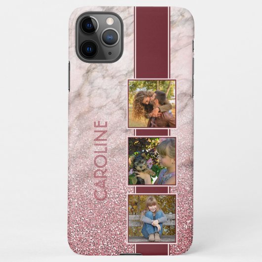 Aangepaste fotocollage op blauw roze marmeren patr iPhone hoesje (Achterkant)