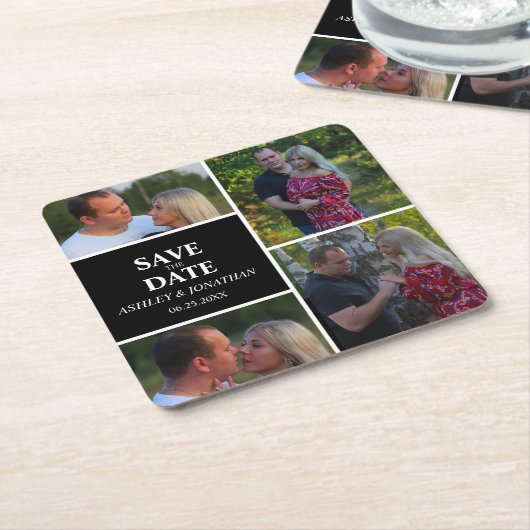 Aangepaste fotocollage slaat de datum op kartonnen onderzetters (Schuin)