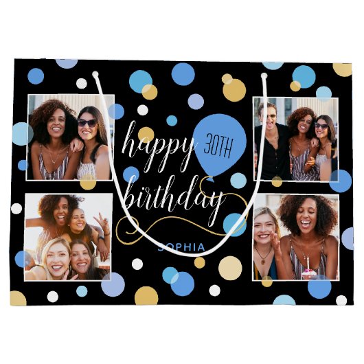 Aangepaste Fotocollage Verjaardag Blauw 30e Groot Cadeauzakje (Achterkant)
