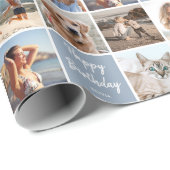 Aangepaste Fotocollage Verjaardag Modern Blauw Gri Cadeaupapier (Rol Hoek)