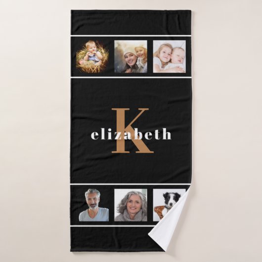 Aangepaste fotocollage zwart goudmonogram modern badhanddoek (Badhanddoek)