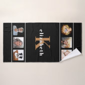 Aangepaste fotocollage zwart goudmonogram modern badhanddoek (Badhanddoek)