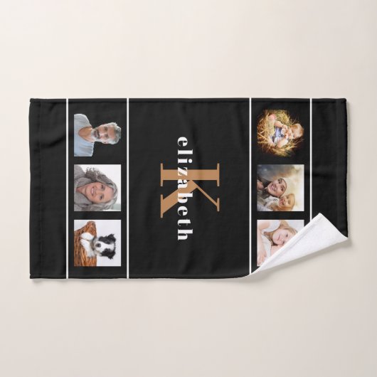 Aangepaste fotocollage zwart goudmonogram modern handdoek (Handdoek)