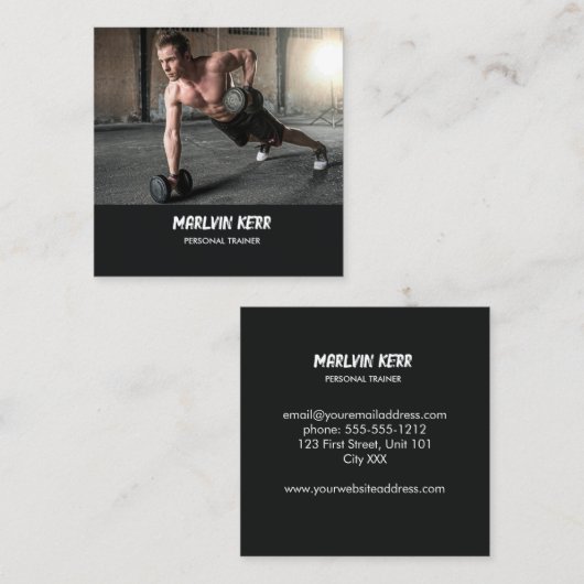 Aangepaste fotogymzaal grijs vierkante visitekaartje (Voorkant / Achterkant)