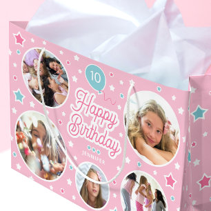 Aangepaste fotomeisjes verjaardagscadeautas   Roze Groot Cadeauzakje