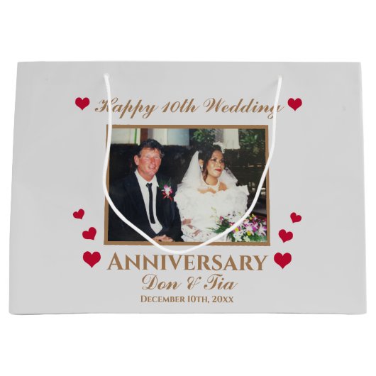 Aangepaste fotonaam 10e bruiloft Jubileum grijs Groot Cadeauzakje (Voorkant)